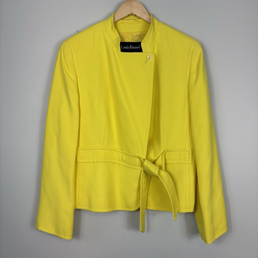 Louis Feraud Vtg Blazer Tailored Jacket Waist Tie Sz 14 Yellow Wrap Around Front